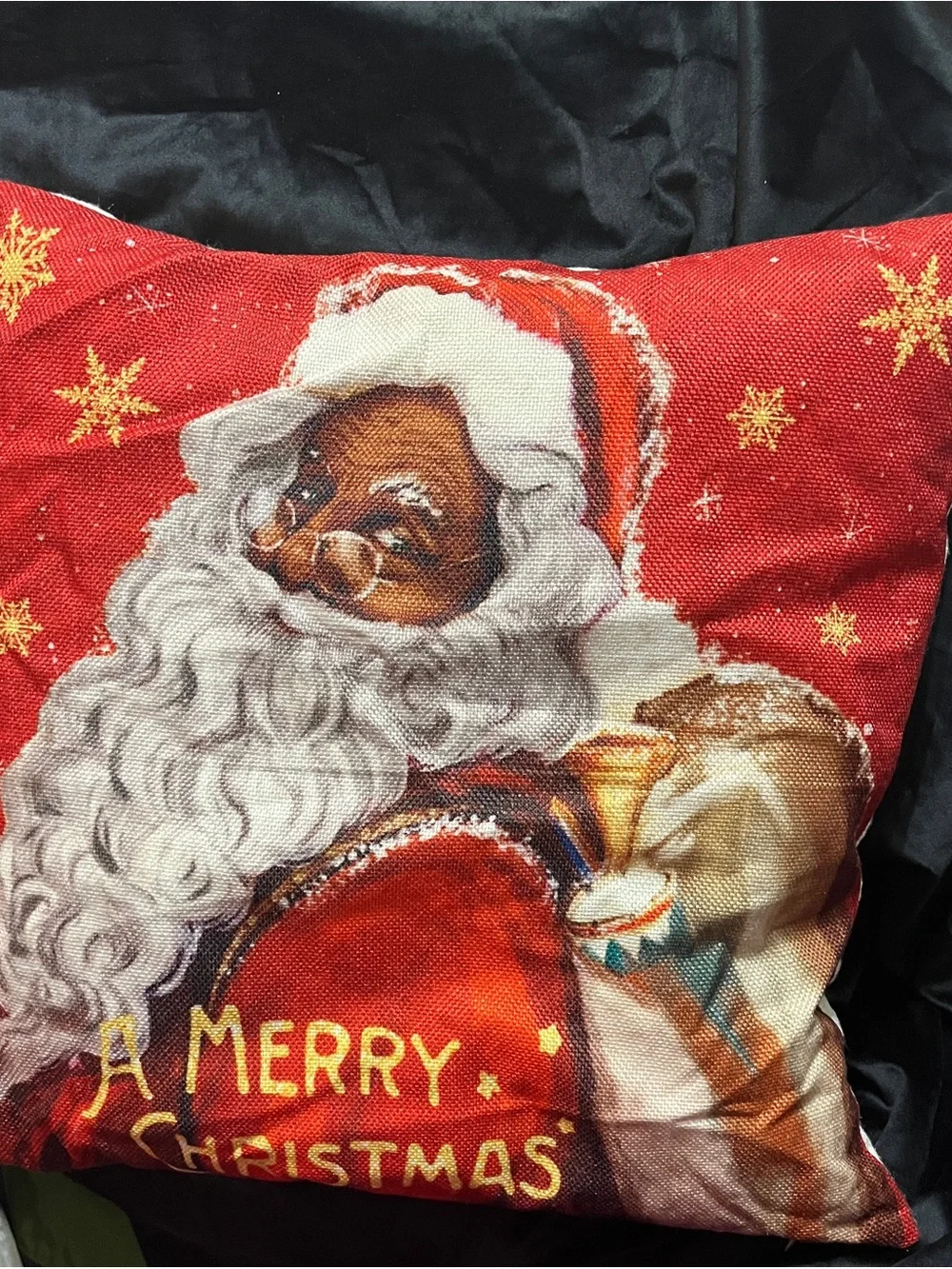 Black Santa Christmas Pillow Cover 17” Red Gold African American Holiday Decor